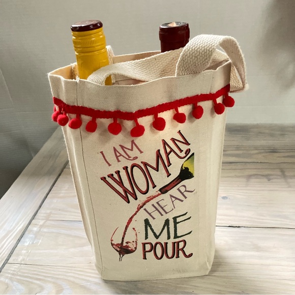 GIFT BAG Canvas Tote Bag WINE BOTTLE Double Holder I Am Woman Hear Me Pour 10 in - Picture 7 of 9
